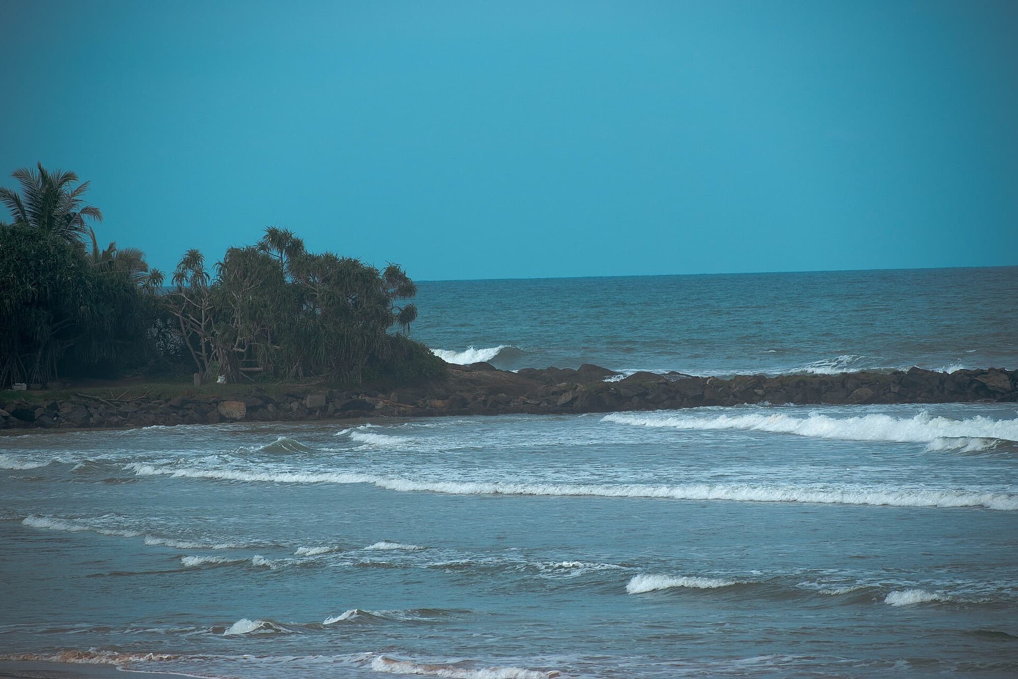 Waves breaking on Bentota’s sandy shore beside a rocky groyne and beach palms